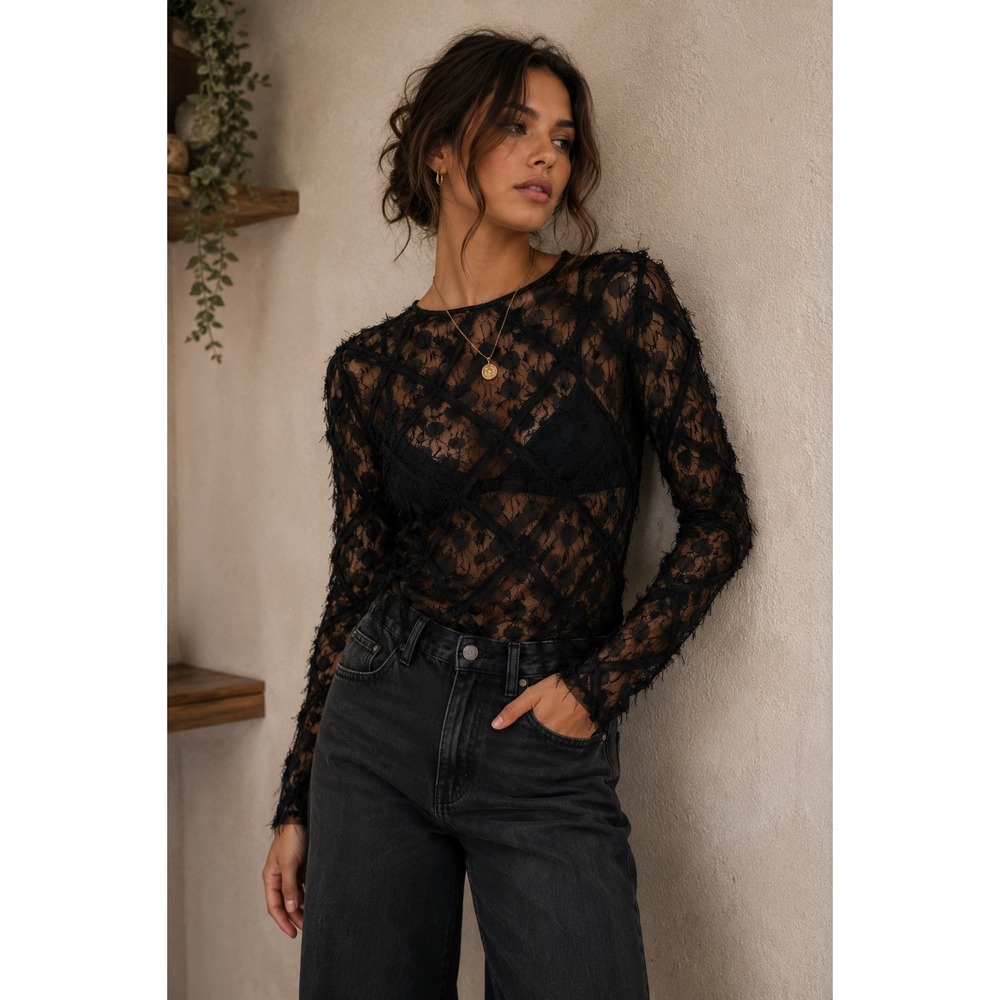 Milly Black Lace Mesh Diamond Lattice Eyelash Fringe Long Sleeve Top